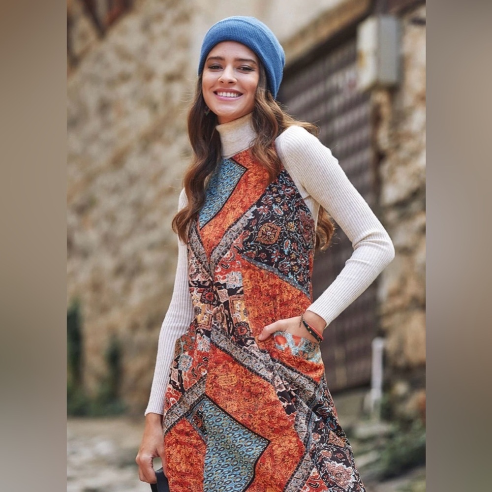 Organic Cotton Bohemian Patchwork Print Long Maxi Dress w/ Pockets 4 Seasons XL - Picture 10 of 15